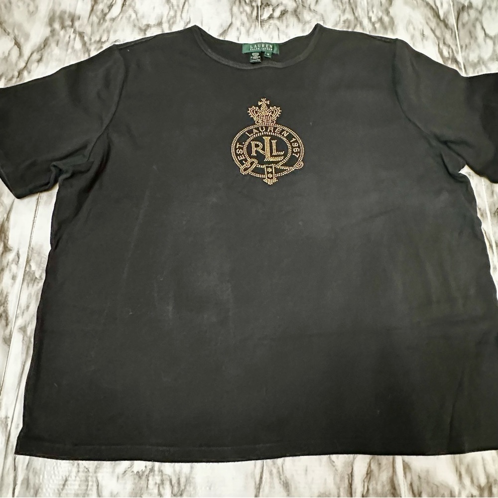 Lauren Ralph Lauren Gold Studded Embellished Black Tee Y2K Sparkly Soft Crown - Picture 2 of 7